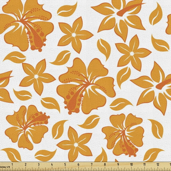 Ambesonne Garden Fabric by the Yard Upholstery, Hibiscus Flourish, 1 Yard, Orange White