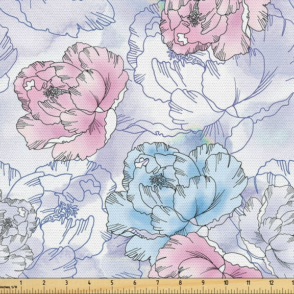 Ambesonne Garden Fabric by the Yard Upholstery, Iris Flowers Grunge Plot, 1 Yard, Soft Pink and Pale Blue