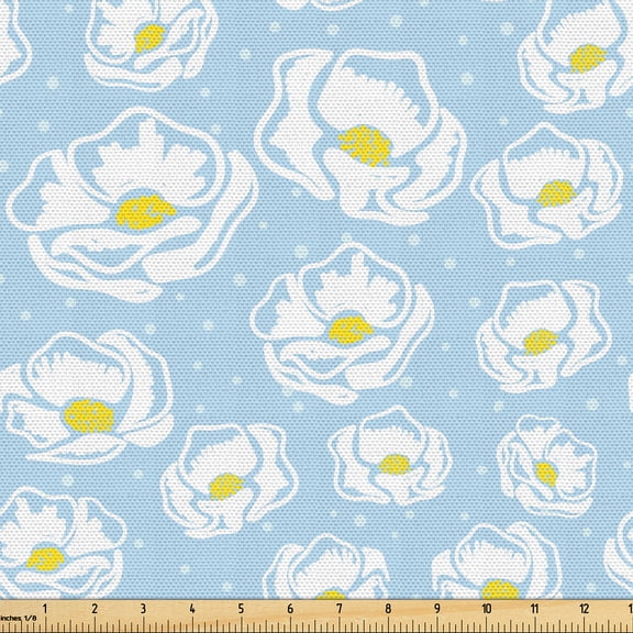 Ambesonne Garden Fabric by the Yard Upholstery, Minimalist Dots Flowers Plot, 1 Yard, Pale Azure Blue and Mustard