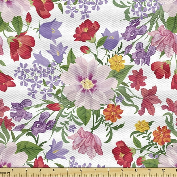 Ambesonne Garden Fabric by the Yard Upholstery, Nostalgic Vintage Flowers, 5 Yards, Multicolor