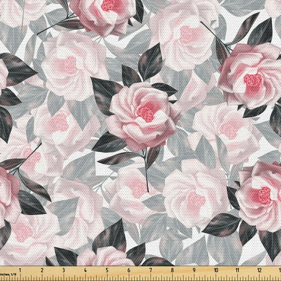 Ambesonne Garden Fabric by the Yard Upholstery, Roses Romantic Scene Art, 10 Yards, Pastel Pink and Pale Grey