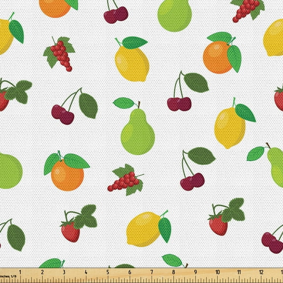 Ambesonne Garden Fabric by the Yard Upholstery, Strawberry Orange Pear Art, 2 Yards, Earth Yellow Lime Green
