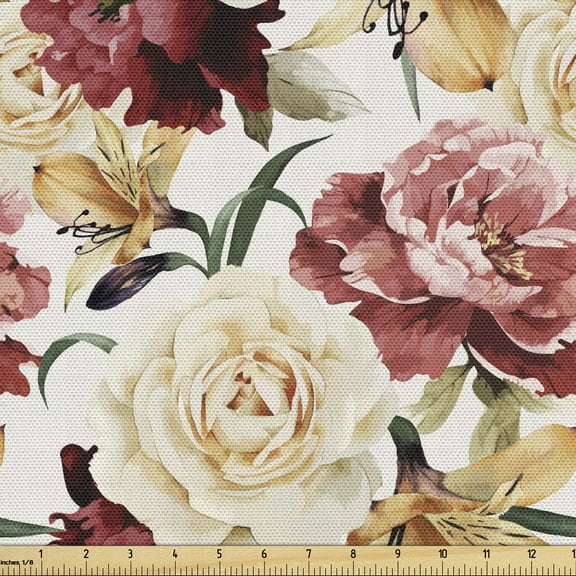 Ambesonne Garden Fabric by the Yard Upholstery, Watercolor Roses Peonies, 2 Yards, Dried Rose Cream Ruby