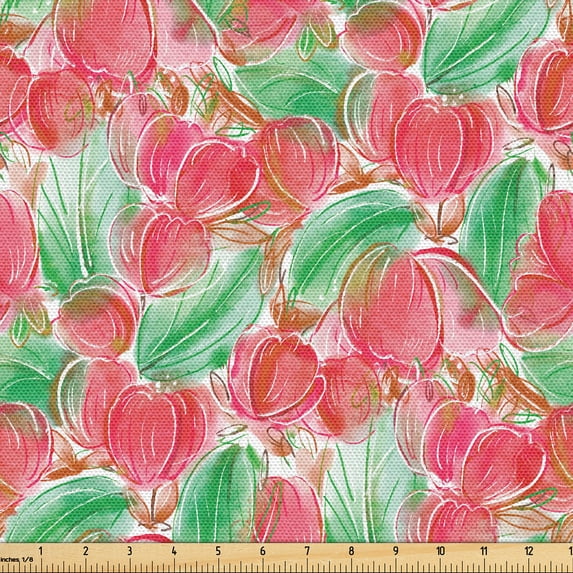 Ambesonne Garden Fabric by the Yard Upholstery, Watercolor Blossoms Plot, 3 Yards, Dried Rose and Lime Green