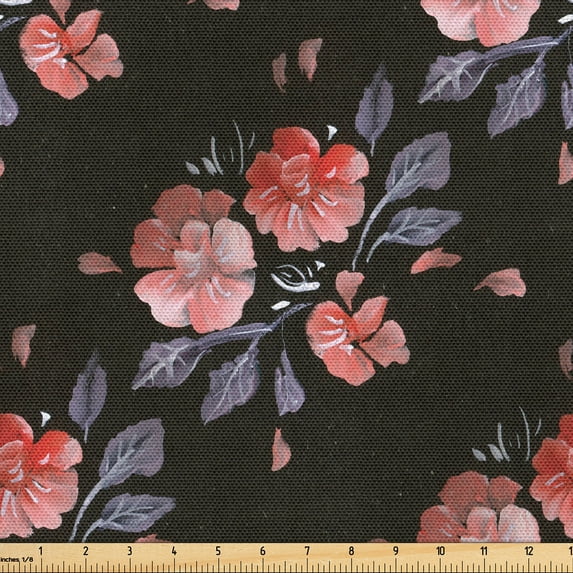 Ambesonne Garden Fabric by the Yard Upholstery, Whimsical Acrylic Flowers, 10 Yards, Paprika and Dark Olive Green