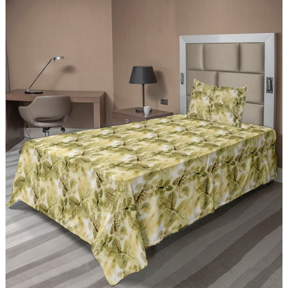 Ambesonne Garden Fitted & Flat Sheet with Sham 3 Pcs Set, Leaves Botanical Grunge Plot, Twin XL, Khaki Pale Yellow and Green