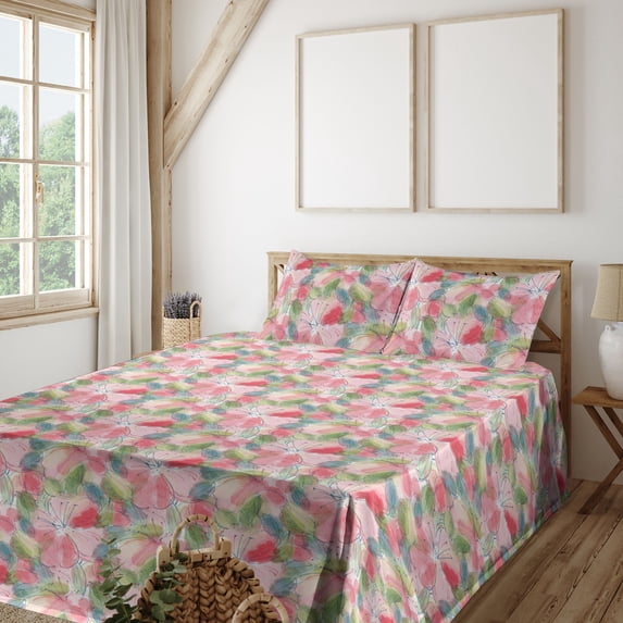 Ambesonne Garden Fitted & Flat Sheet with Shams 4 Pcs Set, Flowers Fashion Spring Plot, King, Dark Coral Pastel Green