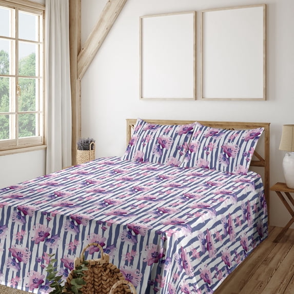 Ambesonne Garden Fitted & Flat Sheet with Shams 4 Pcs Set, Flowers Vintage Pattern Art, King, Purpleblue and Soft Pink