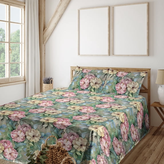 Ambesonne Garden Fitted & Flat Sheet with Shams 4 Pcs Set, Leaves Greenery Watercolor, Queen, Tan and Multicolor