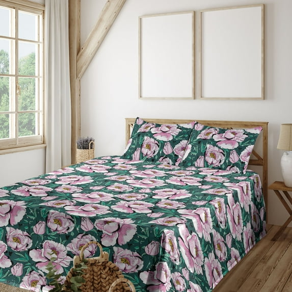 Ambesonne Garden Fitted & Flat Sheet with Shams 4 Pcs Set, Peony Flowers Hearts Art, Calking, Soft Pink and Sea Green