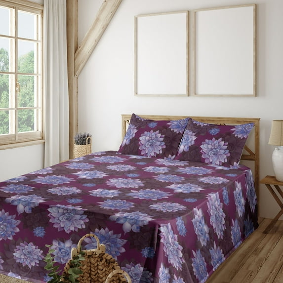 Ambesonne Garden Fitted & Flat Sheet with Shams 4 Pcs Set, Sempervivum Botanical Motifs, Full, Dark Magenta and Purple