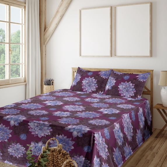 Ambesonne Garden Fitted & Flat Sheet with Shams 4 Pcs Set, Sempervivum Botanical Motifs, King, Dark Magenta and Purple