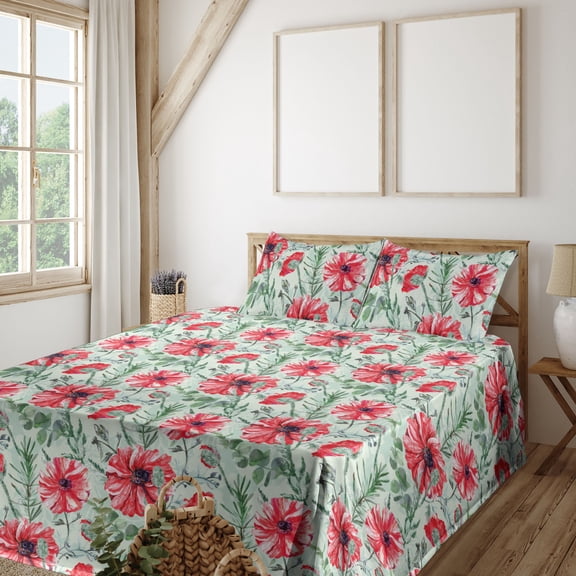 Ambesonne Garden Fitted & Flat Sheet with Shams 4 Pcs Set, Warm Colored Poppy Pattern, King, Dark Coral and Army Green