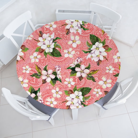 Ambesonne Garden Fitted Round Tablecloth, Flowers Ethnic Paisley Art, 40"- 44" Diameter, Pale Salmon and Dark Khaki