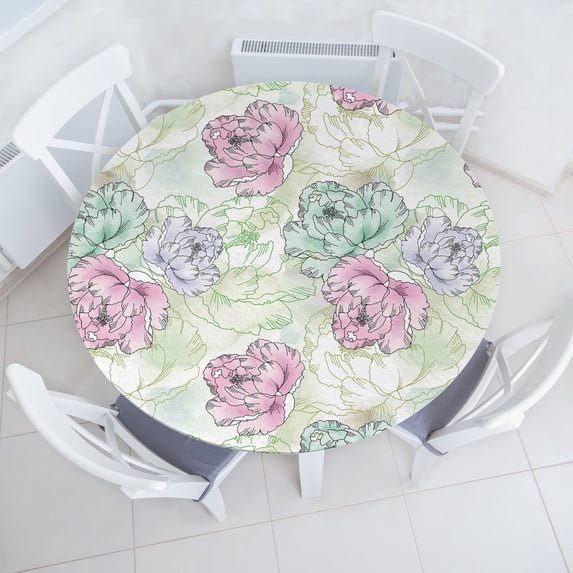 Ambesonne Garden Fitted Round Tablecloth, Hand-Drawn Peonies Pattern, 36"- 40" Diameter, Soft Pink and Almond Green