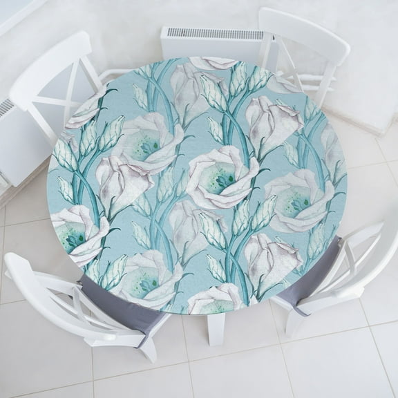 Ambesonne Garden Fitted Round Tablecloth, White Flowers Watercolor Art, 36"- 40" Diameter, Pale Azure Blue and Teal