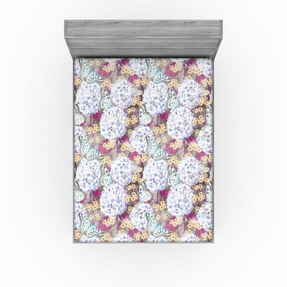 Ambesonne Garden Fitted Sheet, Circular Flowers Butterflies, California King, Dark Teal and Pale Fuchsia