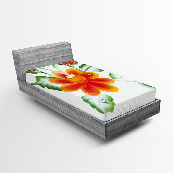Ambesonne Garden Fitted Sheet, Daffodils in Watercolors, Twin XL Size, Orange Green