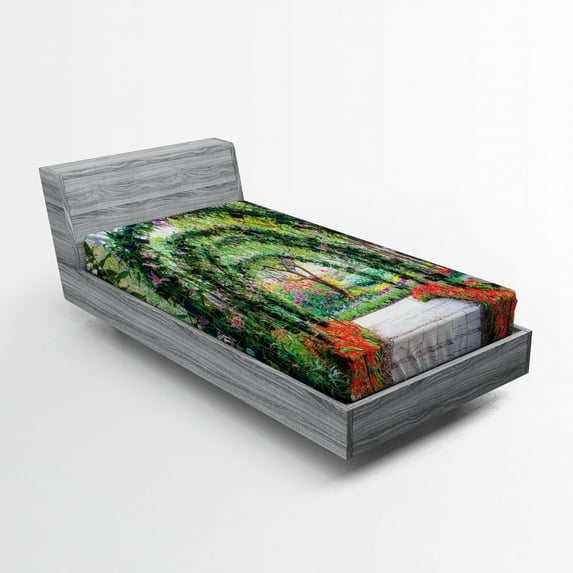 Ambesonne Garden Fitted Sheet, Flower Arches Plants, Twin Size, Green Red