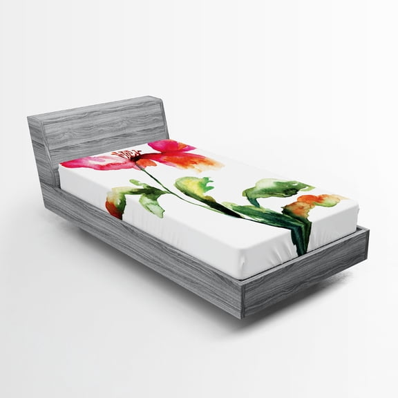 Ambesonne Garden Fitted Sheet, Flowering Poppy, Twin XL Size, Red Green White