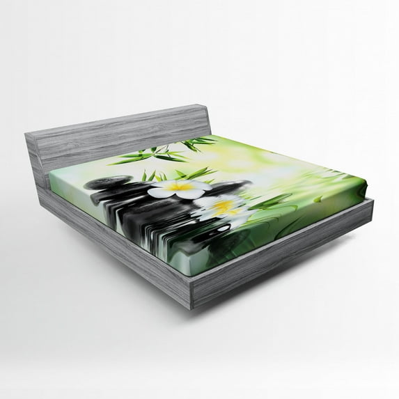 Ambesonne Garden Fitted Sheet, Frangipani Flowers Japanese, Full Size, Charcoal Grey and Pale Green