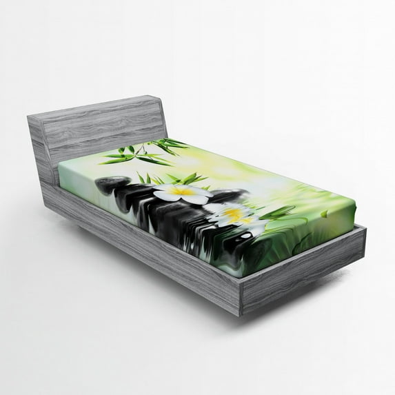 Ambesonne Garden Fitted Sheet, Frangipani Flowers Japanese, Twin Size, Charcoal Grey and Pale Green