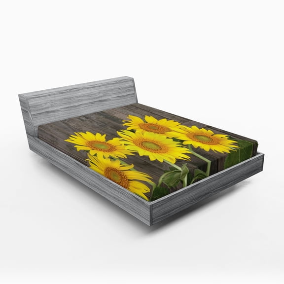 Ambesonne Garden Fitted Sheet, Helianthus Sunflowers, Full Size, Brown Yellow Green