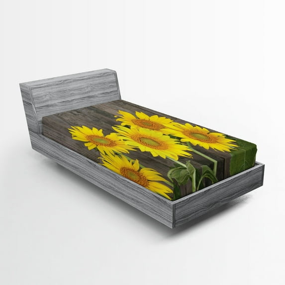 Ambesonne Garden Fitted Sheet, Helianthus Sunflowers, Twin XL Size, Brown Yellow Green