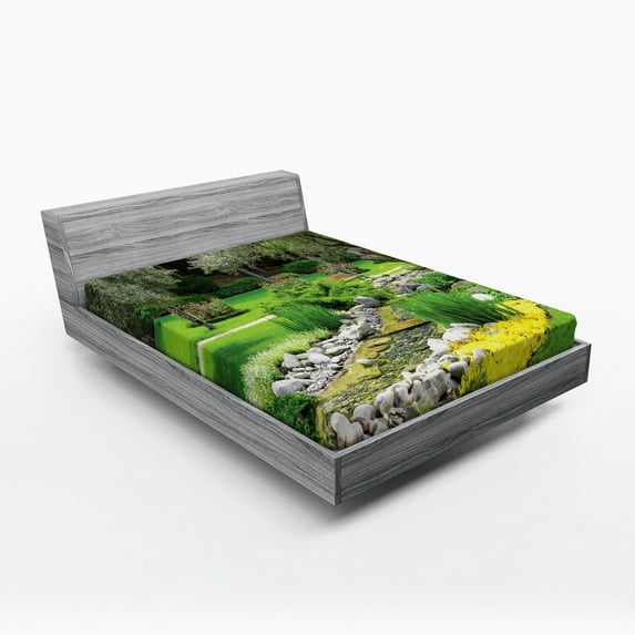 Ambesonne Garden Fitted Sheet, Japanese Park Landscape, Queen Size, Green