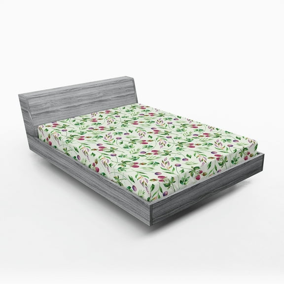 Ambesonne Garden Fitted Sheet, Raspberry Leaves Petals, Queen Size, Pink Fern Green Violet