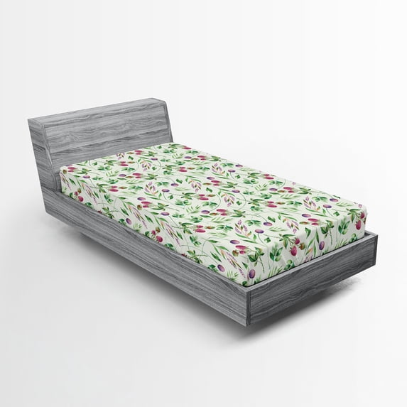 Ambesonne Garden Fitted Sheet, Raspberry Leaves Petals, Twin Size, Pink Fern Green Violet