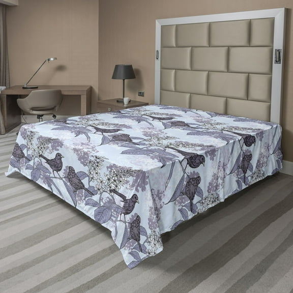 Ambesonne Garden Flat Bedding Sheet Soft Top Sheet, Birds Branches Flower Plot, Queen, Lavender Blue and Grey