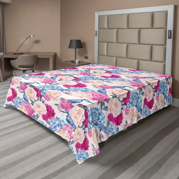 Ambesonne Garden Flat Bedding Sheet Soft Top Sheet, Flowers Birds Floral Art, California King, Hot Pink and Ceil Blue