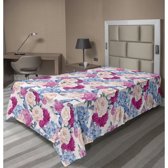 Ambesonne Garden Flat Bedding Sheet Soft Top Sheet, Flowers Birds Floral Art, Twin, Hot Pink and Ceil Blue