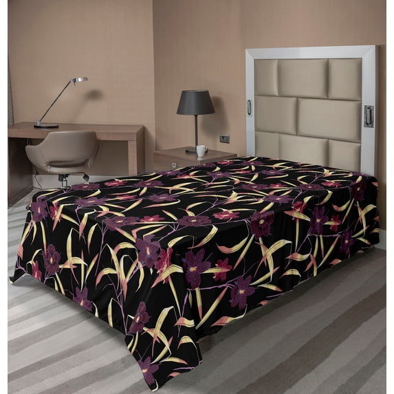 Ambesonne Garden Flat Bedding Sheet Soft Top Sheet, Flowers Black Back Print, Twin XL, Pastel Brown and Eggplant