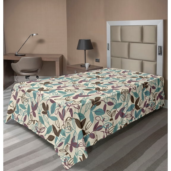 Ambesonne Garden Flat Bedding Sheet Soft Top Sheet, Leaves Floral Pattern Plot, Twin, Pale Maroon Teal