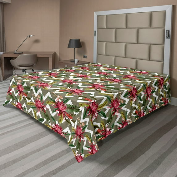 Ambesonne Garden Flat Bedding Sheet Soft Top Sheet, Tropical Art Zigzag Back, California King, Olive Green and Dark Coral