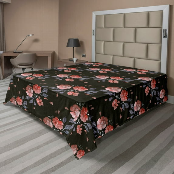 Ambesonne Garden Flat Bedding Sheet Soft Top Sheet, Whimsical Acrylic Flowers, King, Paprika and Dark Olive Green