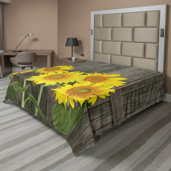 Ambesonne Garden Flat Sheet, Helianthus Sunflowers, California King, Brown Yellow Green