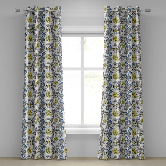 Ambesonne Garden Grommet Curtain, Peony Hydrangea Violets, 50" x 84", Dark Grey Yellow