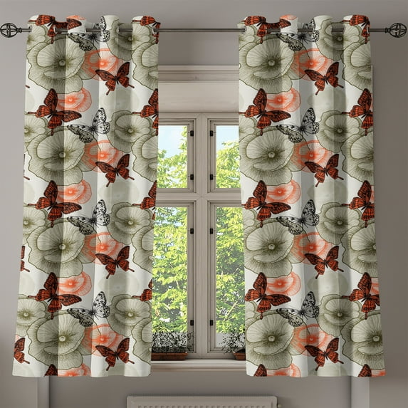 Ambesonne Garden Grommet Curtain, Poppies and Butterflies, 50" x 63", Orange Black Khaki