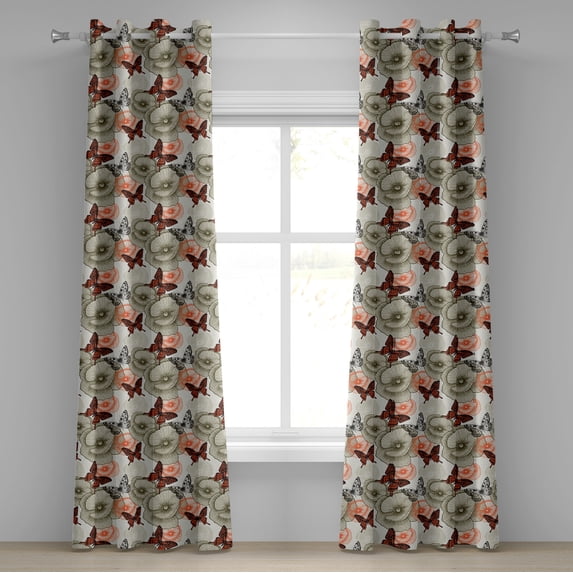 Ambesonne Garden Grommet Curtain, Poppies and Butterflies, 50" x 96", Orange Black Khaki