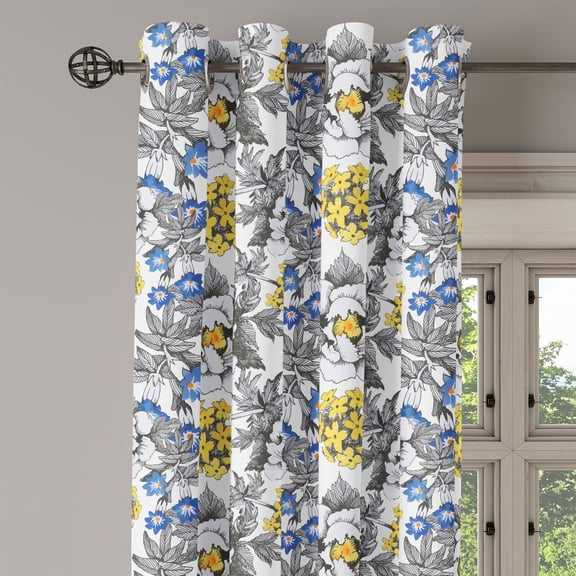 Ambesonne Garden Grommet Curtain Single Panel, Peony Hydrangea Violets, 50"x60", Dark Grey Yellow