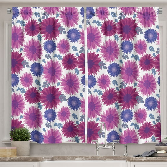 Ambesonne Garden Kitchen Curtains, Blooming Fall Flowers, 55"x45", Dark Lavender Magenta