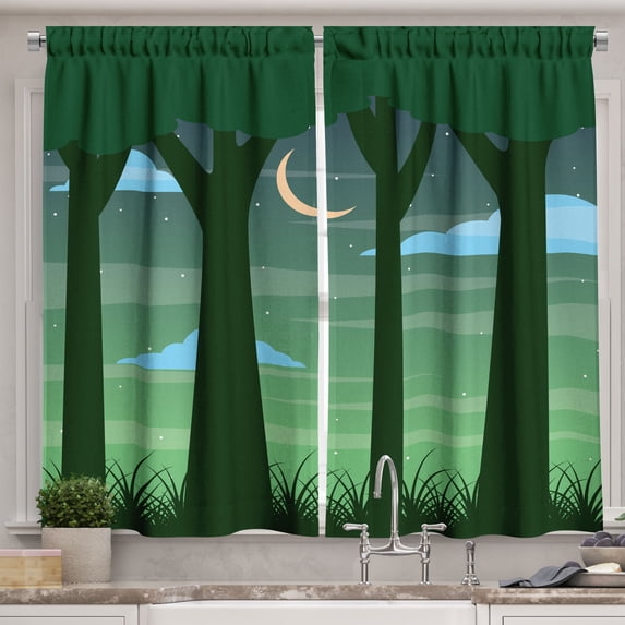 Ambesonne Garden Mist Kitchen Curtains, Dreamy Forest at Night, 55"x39", Dark Green Multicolor