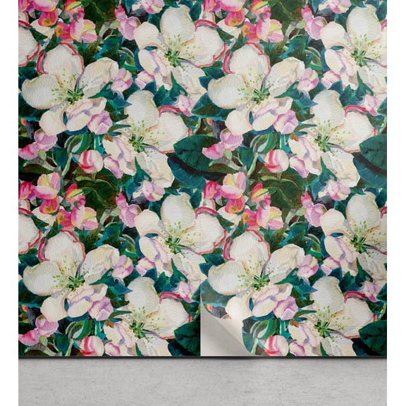 Ambesonne Garden Peel & Stick Wallpaper for Home, Apple Flowers Watercolor, 13"x36", Dark Pink and Pale Teal