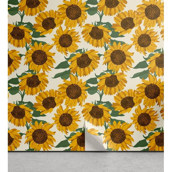 Ambesonne Garden Peel & Stick Wallpaper for Home, Floral Sunflowers Autumn, 13"x100", Dark Orange and Fern Green