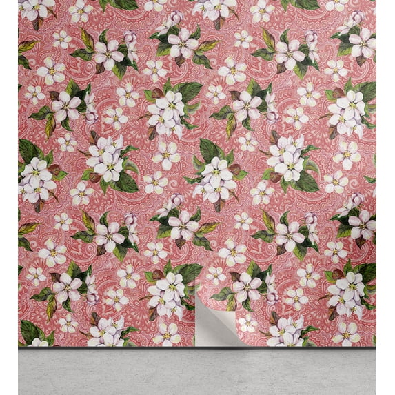 Ambesonne Garden Peel & Stick Wallpaper for Home, Flowers Ethnic Paisley Art, 13"x100", Pale Salmon and Dark Khaki