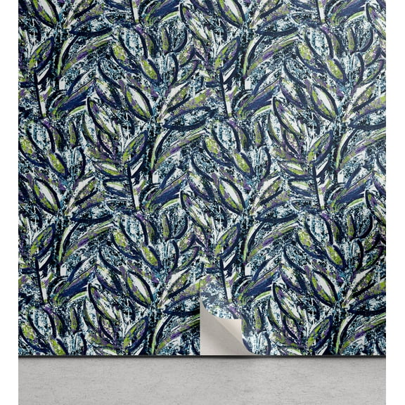 Ambesonne Garden Peel & Stick Wallpaper for Home, Grunge Watercolor Leaves, 13"x36", Dark Slate Blue and Green