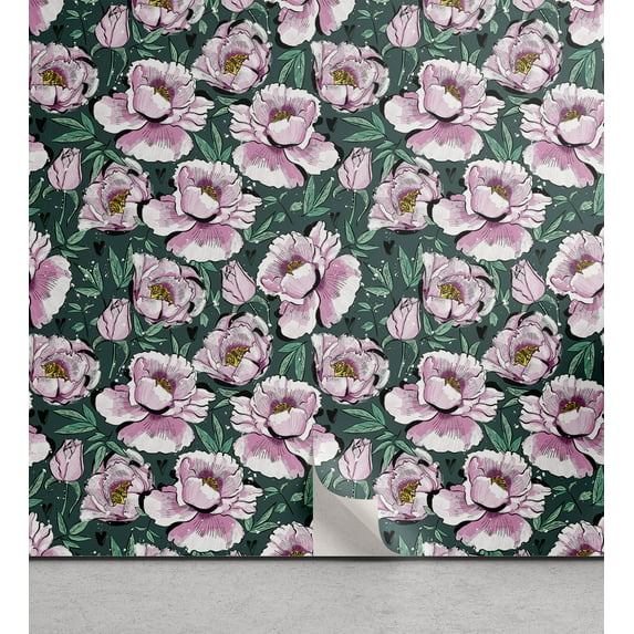 Ambesonne Garden Peel & Stick Wallpaper for Home, Peony Flowers Hearts Art, 13"x36", Soft Pink and Sea Green